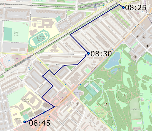 Map showing route of school bus through Waverley Park