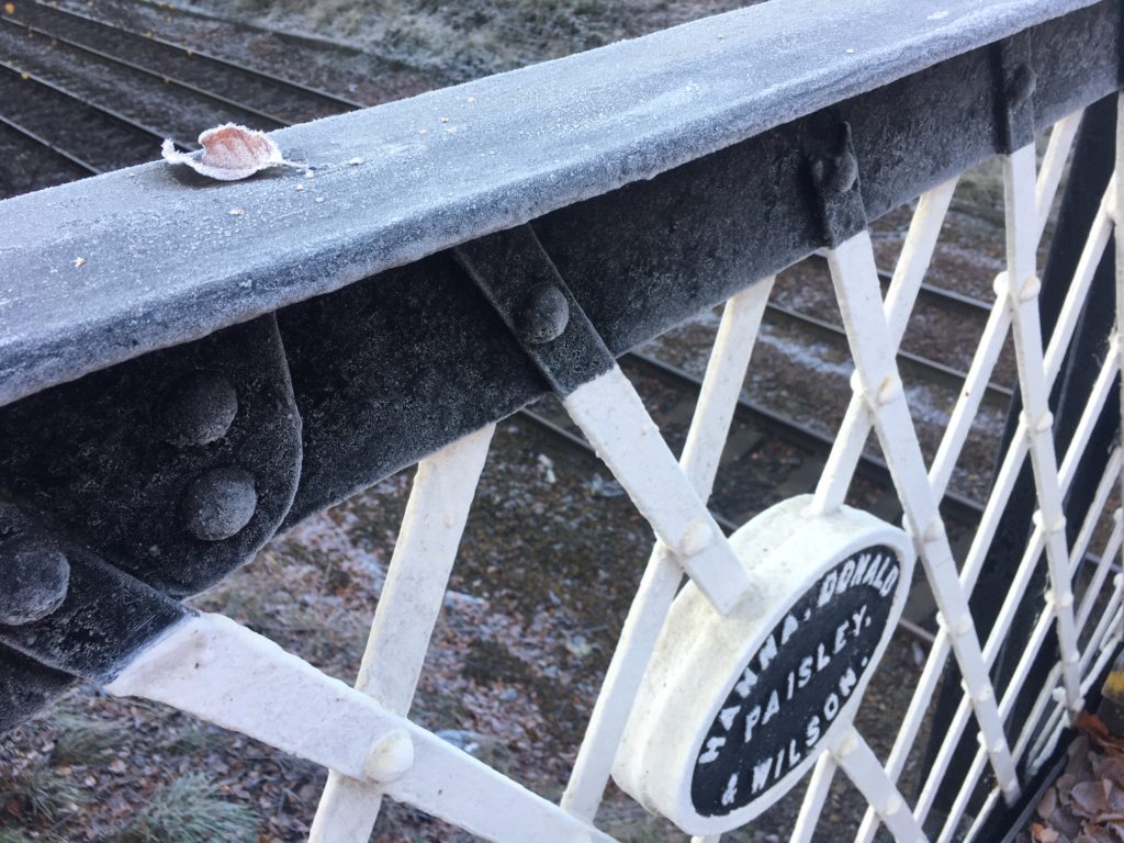 Frost and a fallen leaf on the bridge handrail