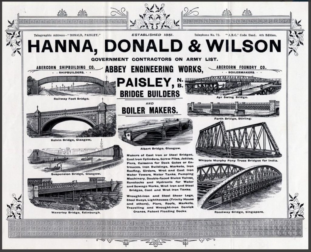 Advert with sketches of many bridges from Glasgow and around the world