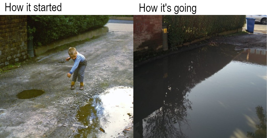 At left, a small child plays in a small puddle in the early 1960s, at right the entire lane is flooded