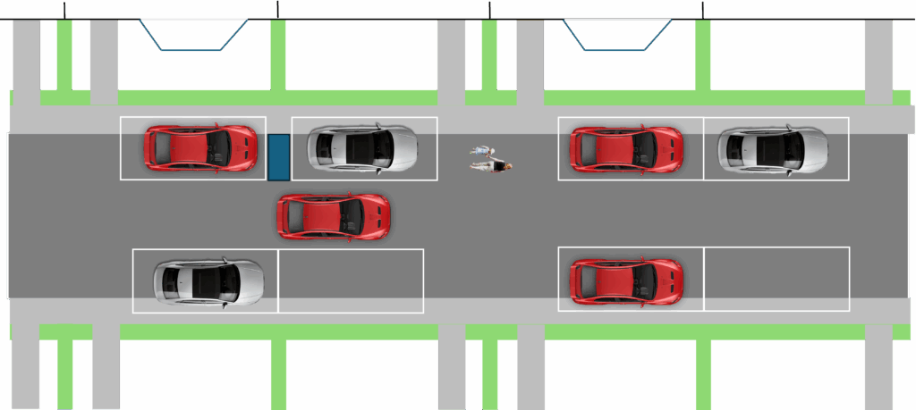 Bird's eye view of marywood Square, with marked parking bays sparing the front gates